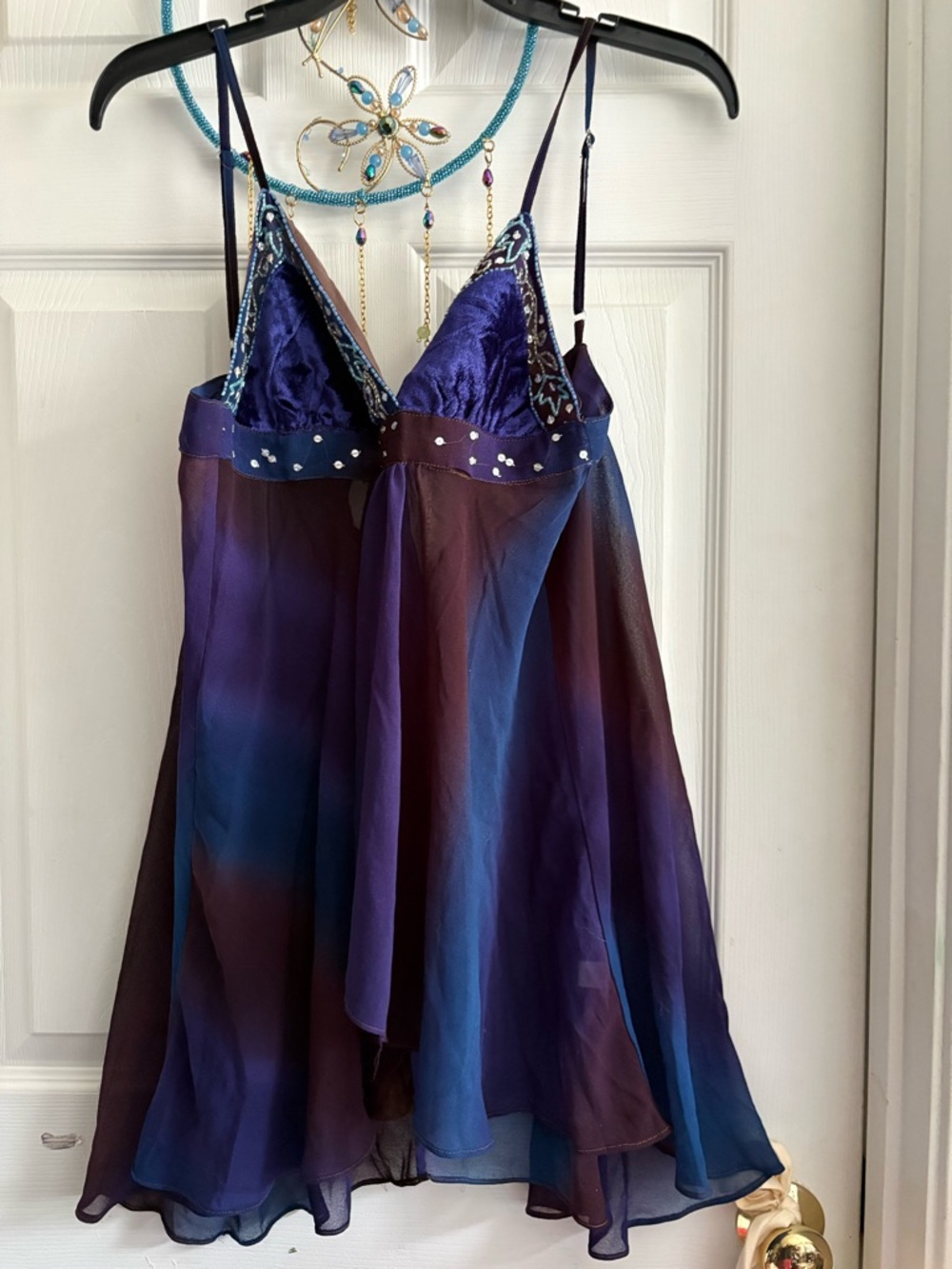 Pinky Purple & Blue Sheer Spaghetti-Strap Babydoll Top